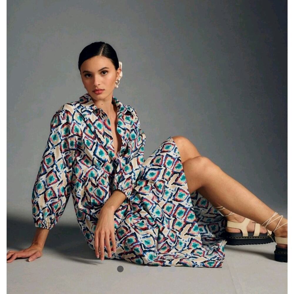 Size Small Anthropologie Bettina Tiered Maxi Shirt Dress Multi Color Oversized